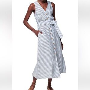 Faherty Margaux Dress in LowTide Stripe Blue White 100% linen sleeveless Vneck S